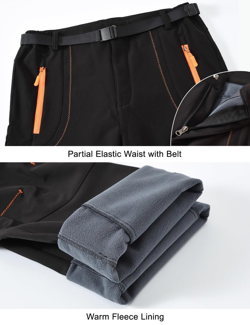 Rdruko Men's Snow Ski Pants Waterproof Insulated Winter Fleece Lined Hiking Snowboard Pants with Belt(Black,US 3XL)