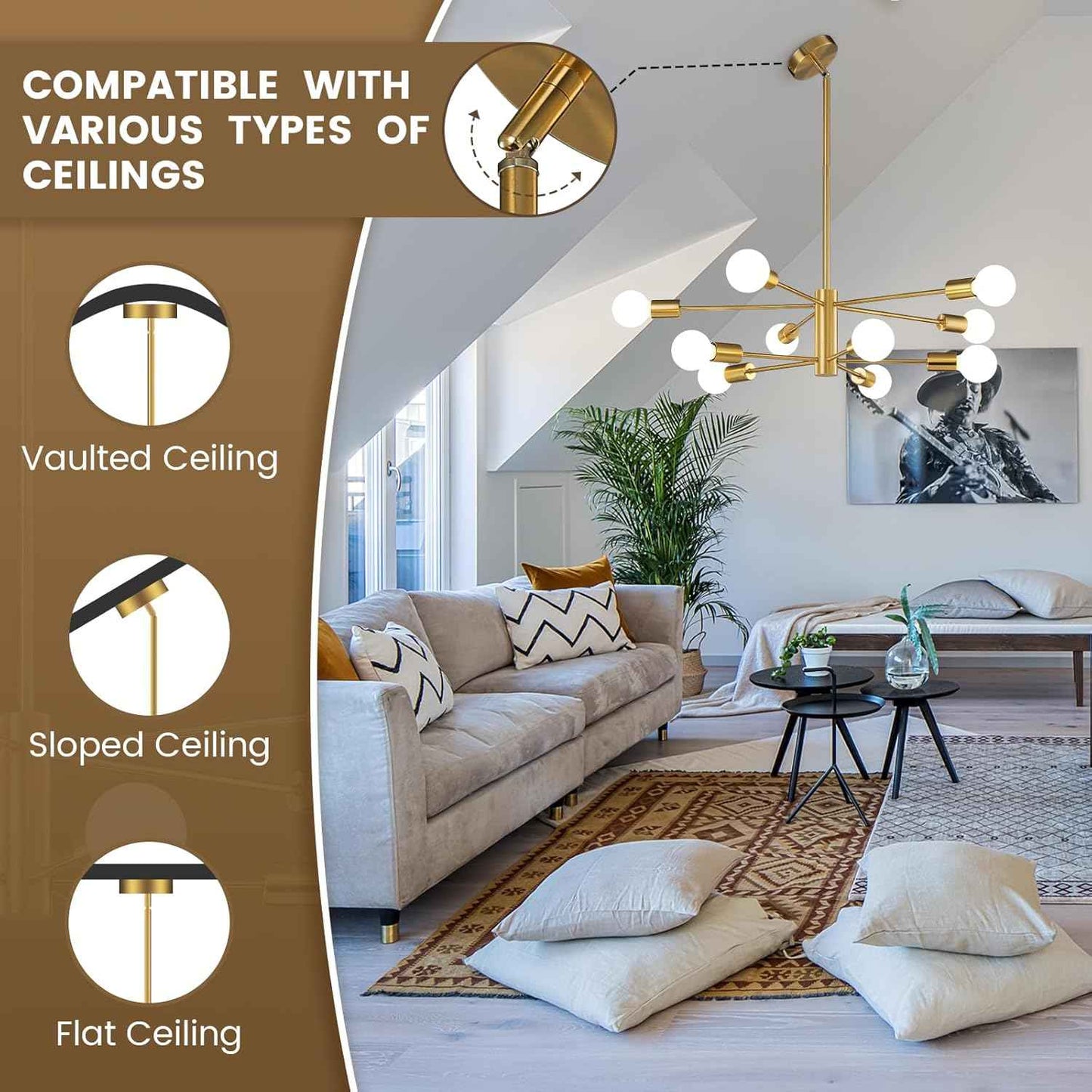 8-Light Gold Sputnik Chandelier - Modern Adjustable Ceiling Light for Dining Room, Kitchen & Foyer