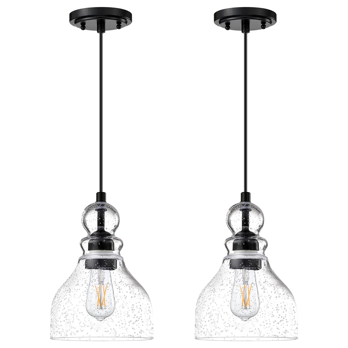 Dolaimi House 2 Pack 1 Light Pendant Ceiling Light Adjustable Cord Kitchen Island 6.5" Seeded Glass Black Finish Modern Industrial Farmhouse Lighting for Bedroom Sink