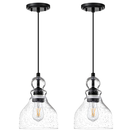 Dolaimi House 2 Pack 1 Light Pendant Ceiling Light Adjustable Cord Kitchen Island 6.5" Seeded Glass Black Finish Modern Industrial Farmhouse Lighting for Bedroom Sink