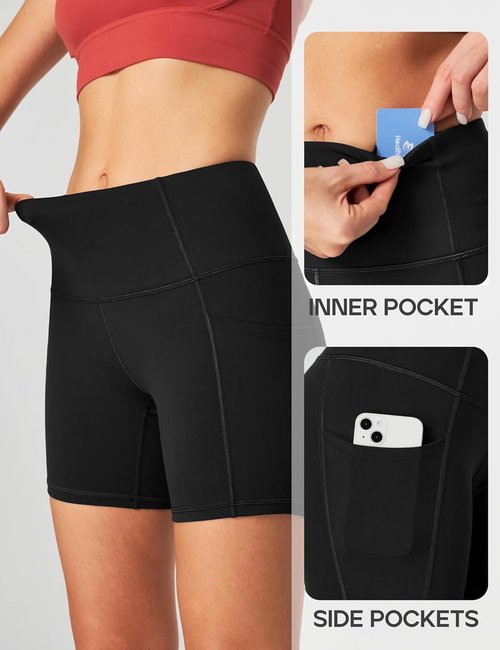 Heathyoga Biker Shorts for Women - High-Waisted Tummy Control with Pockets | 5" Spandex Workout Shorts