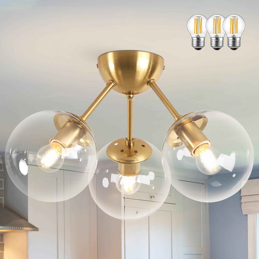 Bagood Mid-Century Modern Semi Flush Mount Ceiling Light 3 Lights Clear Glass Modern Globe Ceiling Light Gold Brass Sputnik Chandeliers for Hallway Entryway Kitchen Bedroom Laundry(Bulb Incl.)