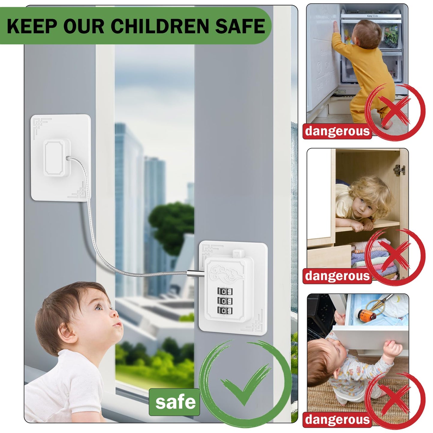 Lexng 2 Pack Refrigerator Locks with 3 Digit Code, Easy Install Fridge Lock Combination, Premium Freezer Lock, Child Proof Cabinet Locks for Refrigerators, Drawers, Closets, Windows (White)