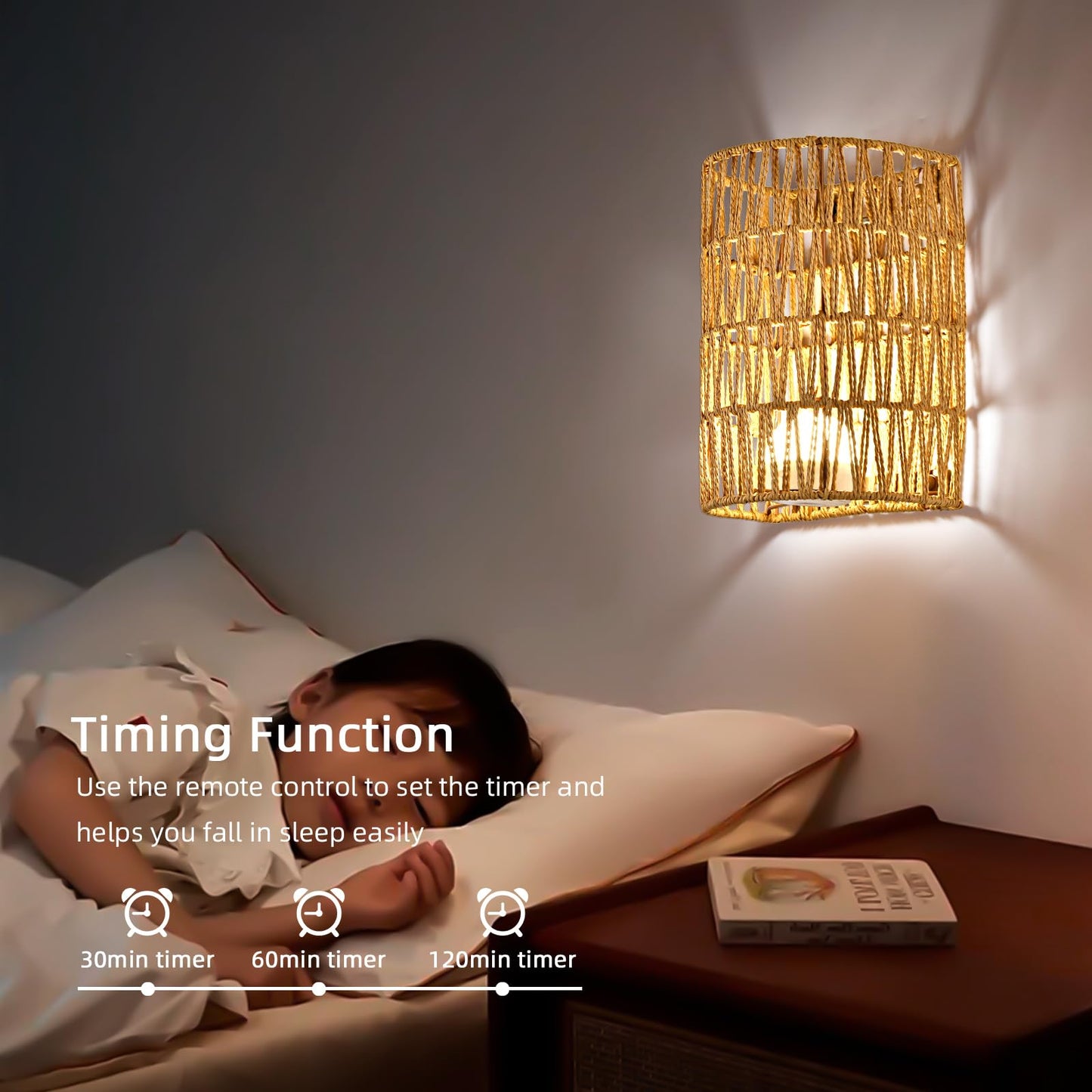 Battery Operated Wall Sconce Set of Two, Rattan rechargeable Wall Sconces Set of 2, Boho Battery Wall lights with Remote, Wireless Wall lamp for Bedroom,Living Room, Entryway 15 Colors Dimmable