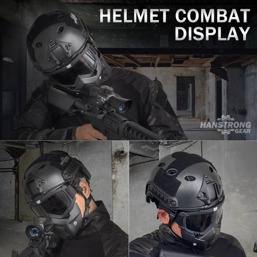 Airsoft Helmet and Mask Tactical Paintball Black PJ Type Fast Helmet with Detachable Adjustable Goggles Airsoft Full Face Masks Protection Military Tactical Gear