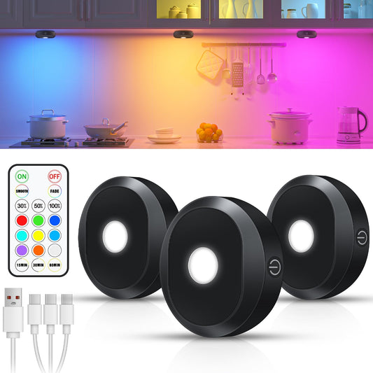 WILLED RGB Under Cabinet Lights,Rechargeable Puck Lights with Remote Control, Wireless Push Light with Timer Function,Dimmable LED Touch Tap Light for Kitchen,Cabinet,Closet, Counter,3 Pack