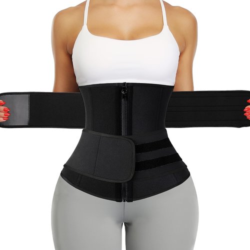 KIWI RATA Neoprene Sauna Waist Trainer Corset Sweat Belt with 2 Straps for Women Sweat Band Compression Cincher Workout Fitness Trimmer,#1 Zipper Black,Small