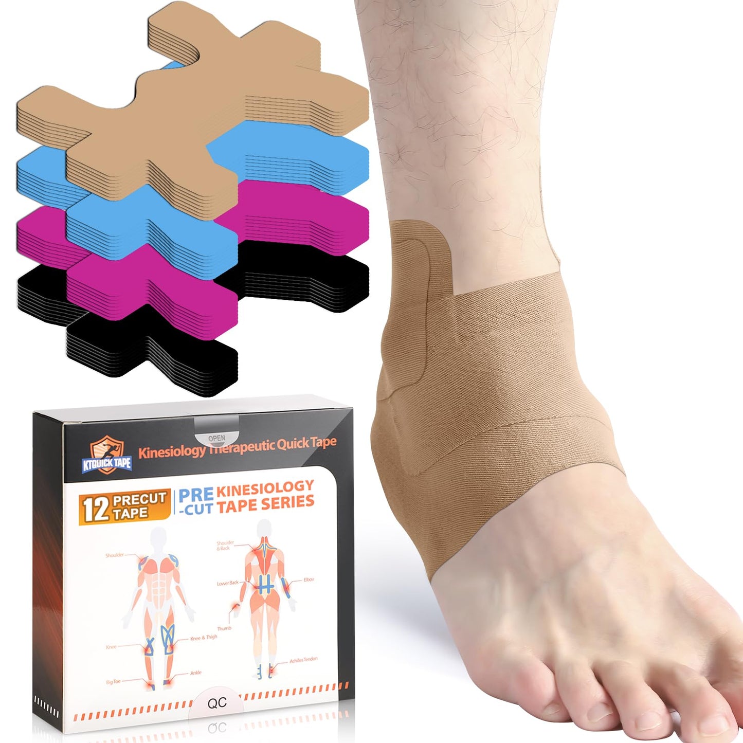 Kinesiology Tape for Ankle, KTQUICK 12 Count Ankle Tape Precut, Original Cotton Waterproof & Breathable, Enhance Elastic Kinesiology Athletic Tape for Ankle Support and Muscle to More Sports (Beige)