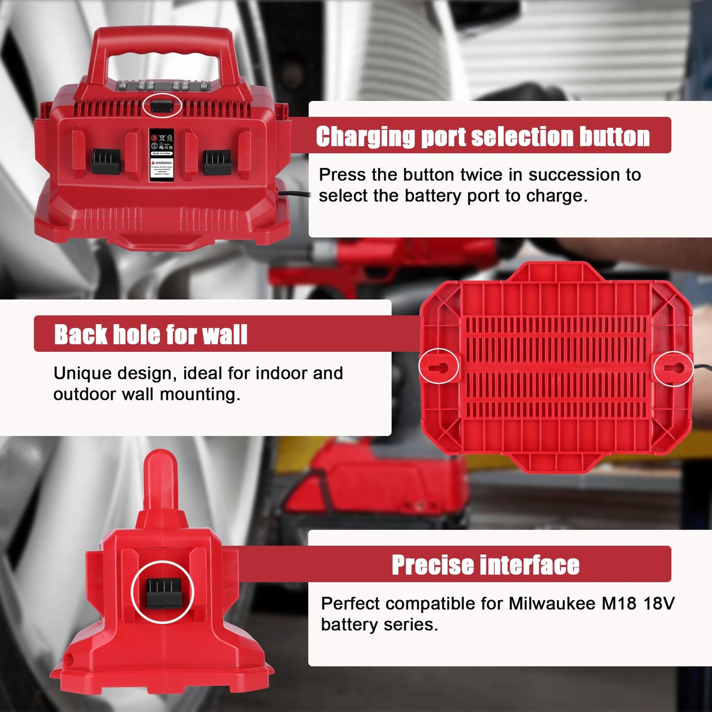 KUNLUN 6 Port Charger Replace for Milwaukee Charger Station 48-59-1806, Compatible for Milwaukee 18V M18 Battery, with LED Indicator Charge Choose Button Wall-Hole (Sequential Charging)