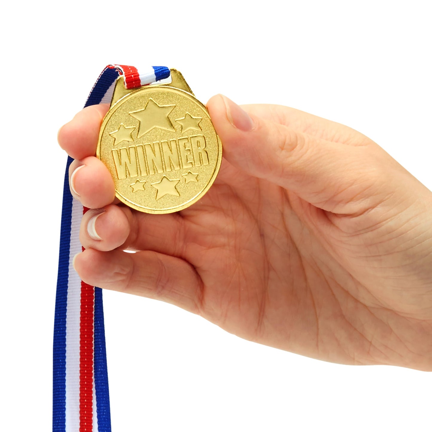 Juvale Medals for Awards & Trophies - Award Ribbons & Prizes for Adults - 12 Pack, 1.5-Inch Gold Olympic Style with Red, White & Blue Neck Ribbons - Participation & Winner Medals for Kids