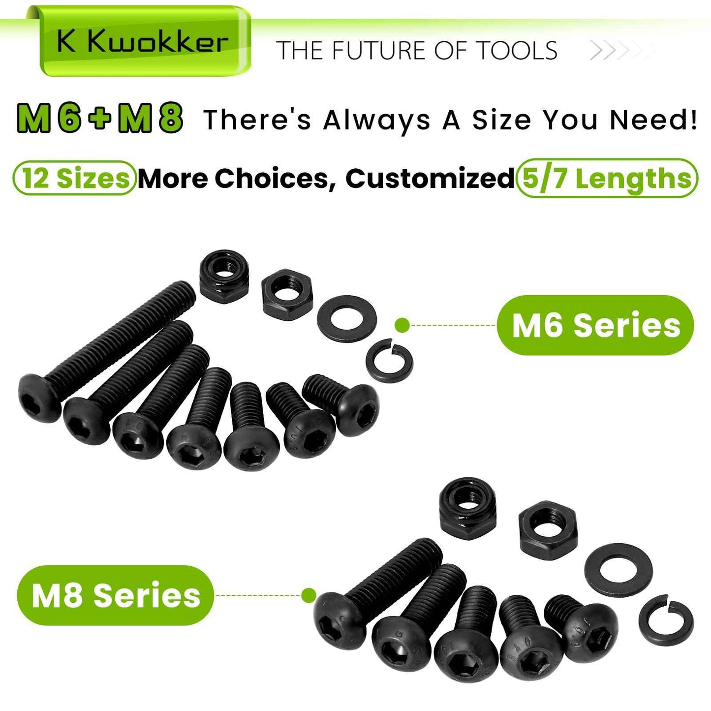 K Kwokker 500Pcs M6 M8 Metric Screws Assortment Kit 12MM-40MM with Lock Nut, Button Head Hex Socket Nuts and Bolts Assortment Kit, 10.9 Alloy Steel Machine Screws w/Washers, M6x1.0 Bolt, M8x1.25 Bolt