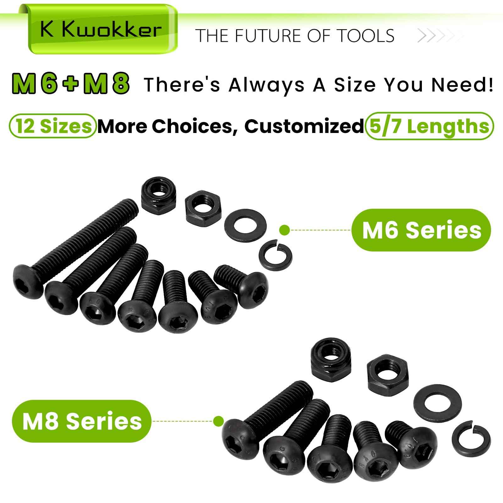 K Kwokker 500Pcs M6 M8 Metric Screws Assortment Kit 12MM-40MM with Lock Nut, Button Head Hex Socket Nuts and Bolts Assortment Kit, 10.9 Alloy Steel Machine Screws w/Washers, M6x1.0 Bolt, M8x1.25 Bolt