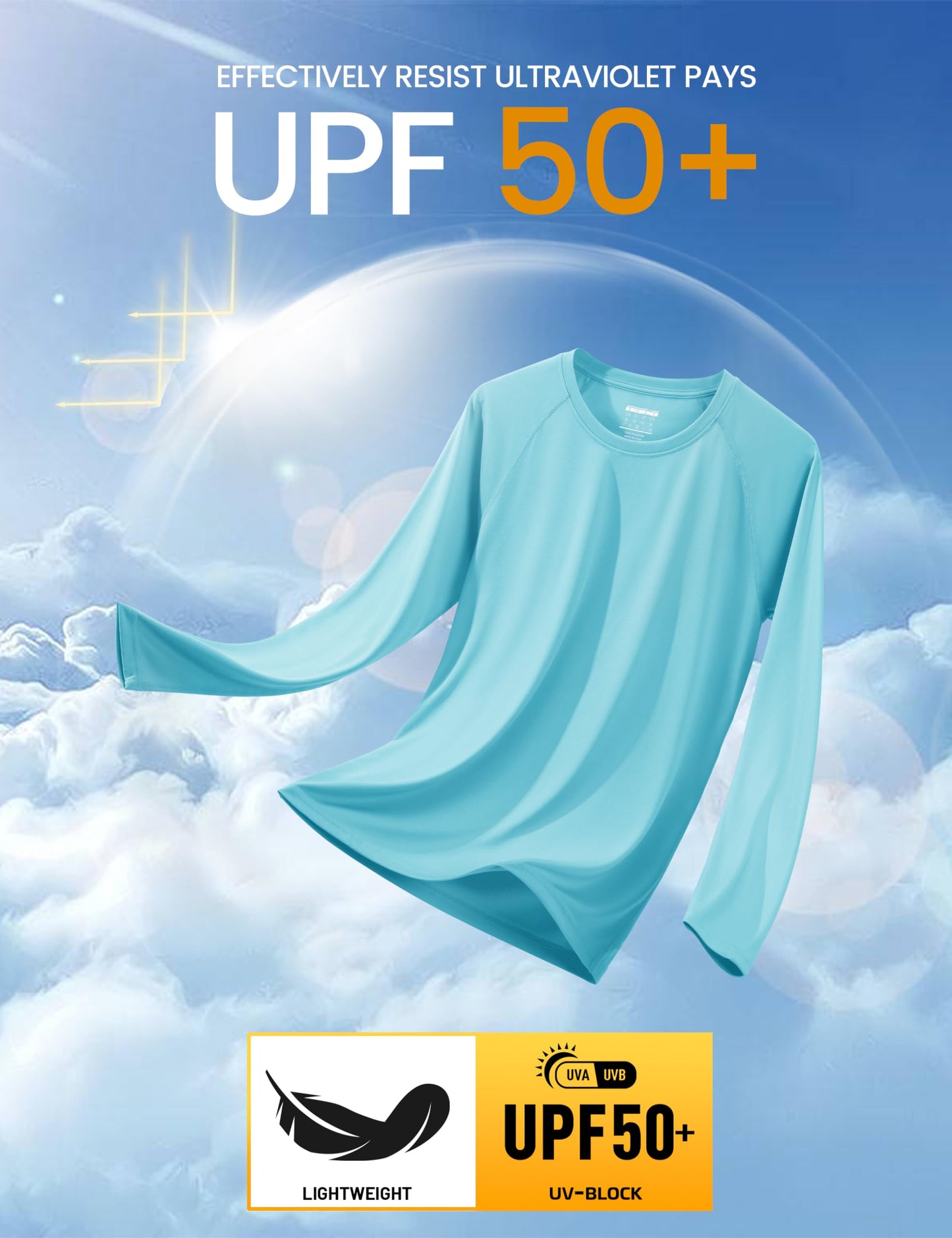 UPF 50 Sun Protection Shirts for Men - Long Sleeve UV Protection Quick Dry Athletic Hiking Shirts - Ice Blue