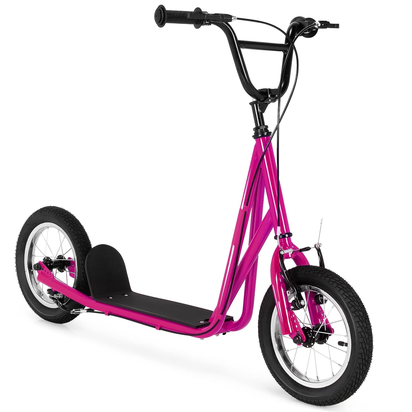 Goplus Youth Kick Scooter, Kick Scooter W/ 12-Inch Air Filled Wheels, Carbon Steel Frame, Adjustable Handlebar, Front and Rear Dual Brakes, Ride On Toys for Adults Teens (Pink)