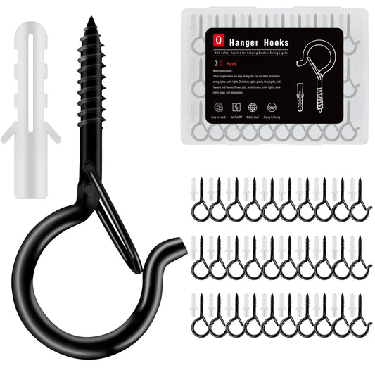 KULOLO 36 Pack Black Screw Hooks with Safety Buckle - 2.3 Inch Rustproof Eye Ceiling Hooks for Hanging Plants,Outdoor String Lights,Baskets,Christmas Lights & Decor,40lb Capacity (36, Black)