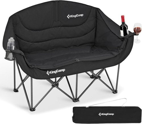 KingCamp Double Camping Chair - Oversized Heavy Duty 660lbs Loveseat for Adults | Portable Folding XL Couch with Cup Holder - Black