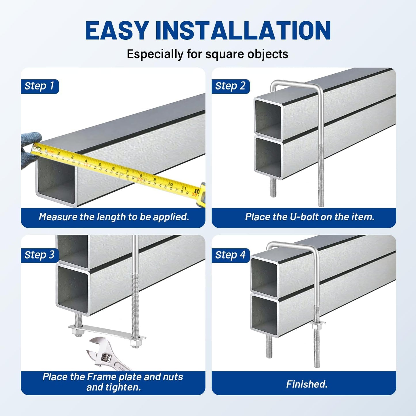 Anina 4PCS Square U Bolts with Frame Plates and Nuts 3/8'' X 3'' X 7'' Stainless Steel U Clamp Bolts for Automobiles Trailer, Ski Boat, Tube, Sailboat Trailer