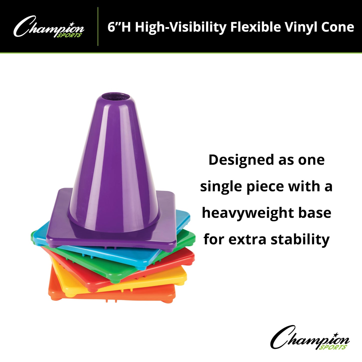 Champion Sports High Visibility Flexible Vinyl Cones for Sports Training, Agility Drills, Field & Gym Marking Sets