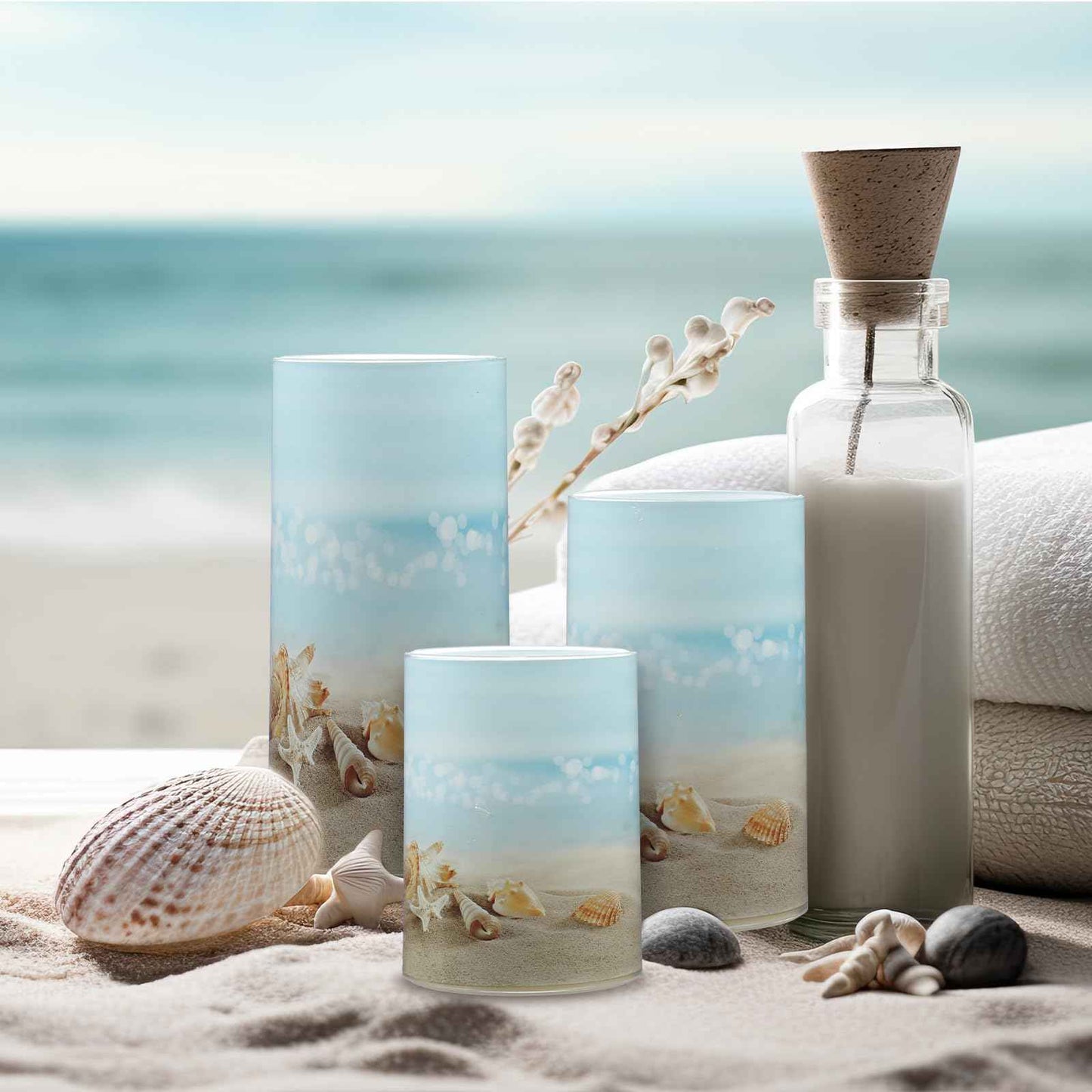 Tujoe 3 Pcs Summer Starfish Flameless Candles LED Battery Pillar Candles Set Battery Operated Flickering Candles Gifts with Remote Summer Decor for Holiday