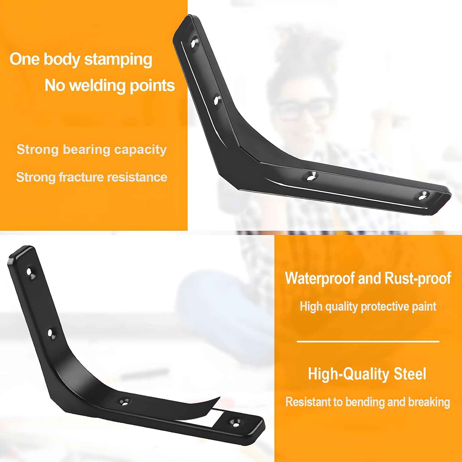 AISINYI 10" x 8" Metal Shelf Brackets, Heavy Duty L Hanging Angle Brackets, Iron Wall Bracket for Countertop Support, Corner Brace Joint, Black, 4 PCS