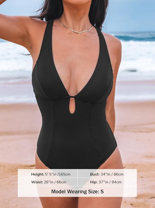 CUPSHE Women's One Piece Swimsuit - Deep V Neck Keyhole Cutout Design | Textured Bathing Suit