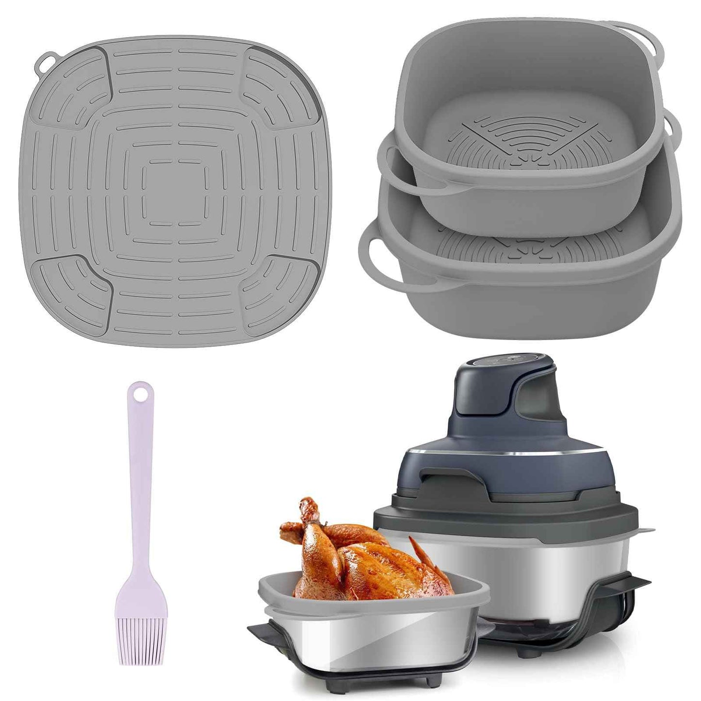 Snuggery FN101GY Silicone Air Fryer Liners for Ninja Crispi Glass Basket – Full-Coverage 4QT 6QT Reusable Nonstick Dishwasher Safe Mat,with Heat Mat and Oil Brush for Mess-Free Cooking