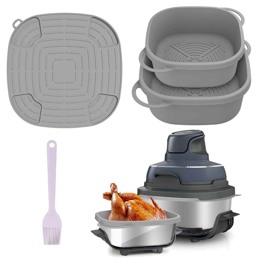 Snuggery FN101GY Silicone Air Fryer Liners for Ninja Crispi Glass Basket – Full-Coverage 4QT 6QT Reusable Nonstick Dishwasher Safe Mat,with Heat Mat and Oil Brush for Mess-Free Cooking