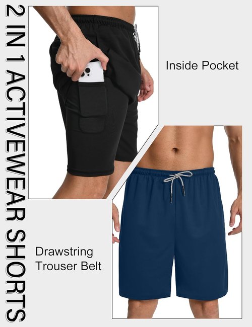 HovSiyla Men's 2-in-1 Running Shorts - Quick Dry Athletic Gym Workout with Zipper Pocket | Lightweight 3 Pack