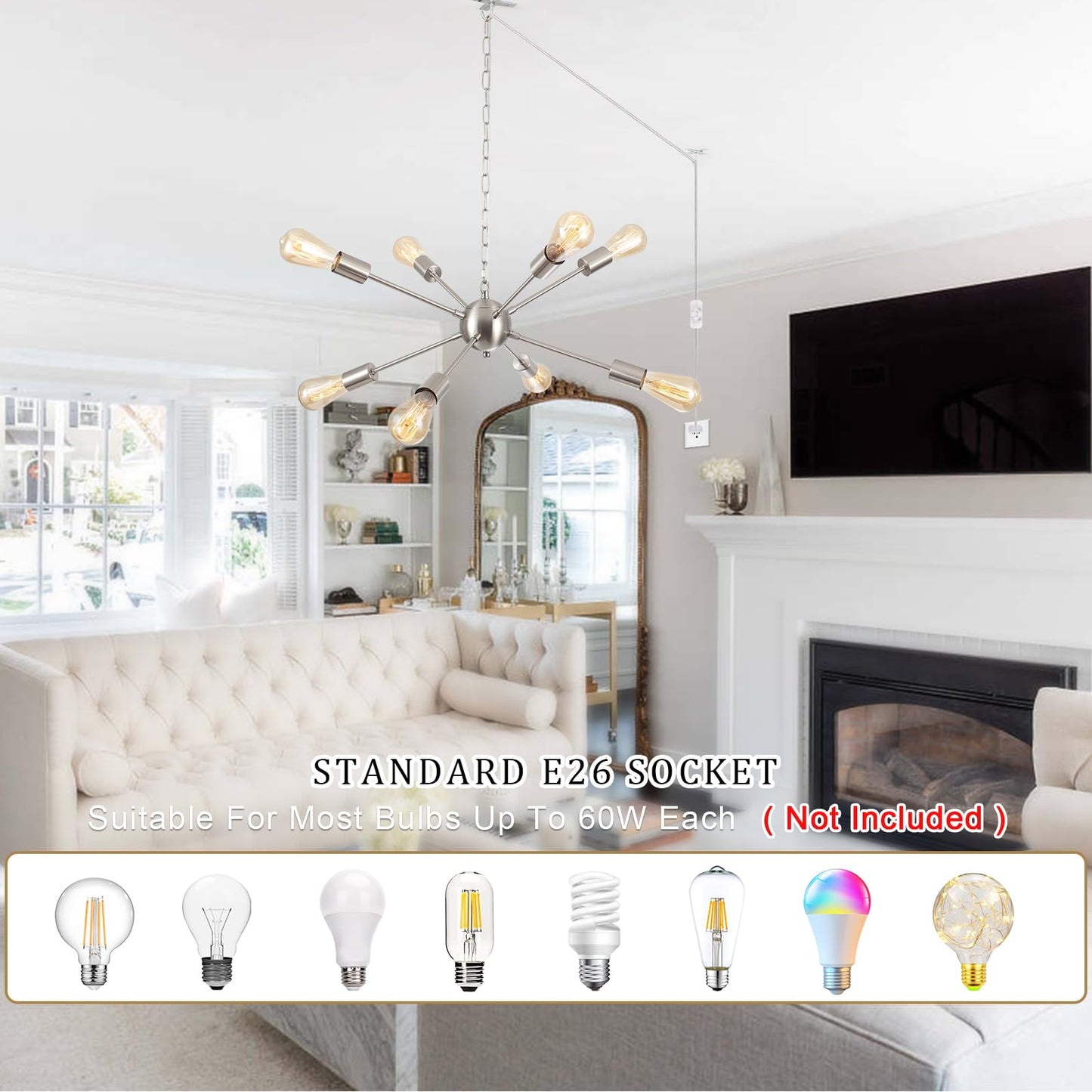 LJHhowe Plug in Chandelier 8 Lights Pendant Light Hanging Lights Fixture Ceiling with Plug in Cord 16.4ft & On/Off Switch Brushed Nickel Sputnik Chandelier for Dining Living Room Kitchen Foyer