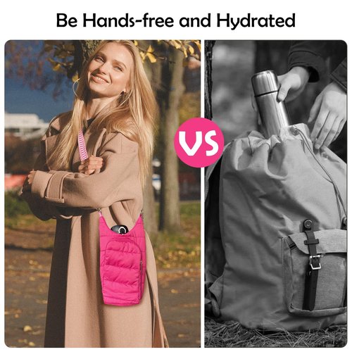 heluqu Water Bottle Carrier Bag - Quilted Crossbody Water Bottle Holder with Strap, Stylish Puffer Tote Bag for Water Bottle, Water Bottle Sling Bag for Outdoor Travel, Hot Pink