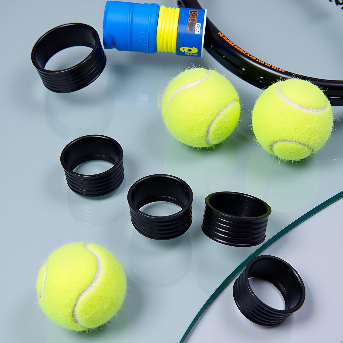 Myuiao 10Pcs Black Tennis Racket Handle Rubber Ring Stretchy Tennis Racquet Band Overgrips, Tennis Racket Grips, Racquet Accessories