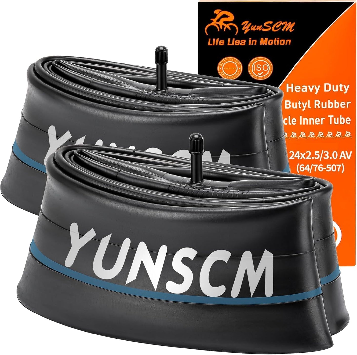 YUNSCM Heavy Duty Fat Bike Tire Tubes - 24" Butyl Rubber Inner Tubes with AV32mm Schrader Valve | 2-Pack