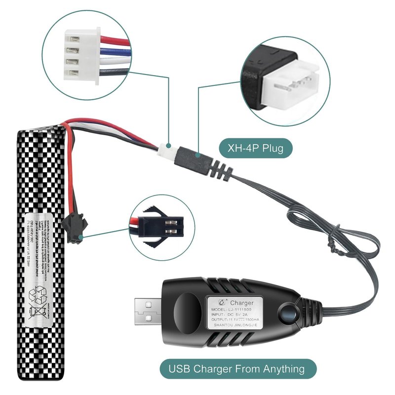 Skywolfeye Airsoft Battery 11.1V 2000mAh SM2P Plug with USB Charger for Airsoft Gel Water Bead Blaster Rechargeable Batteries Hobby Remote & App Controlled Vehicle Batteries (2Pack)