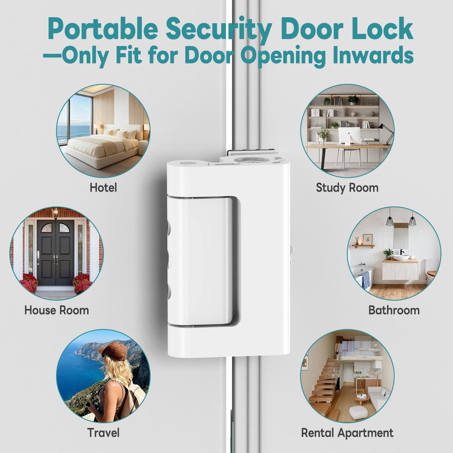StickNGo Upgraded Portable Security Door Reinforcement Lock - No Drilling Flip Lock Latch Prevents Unauthorized Entry Fits Inward-Opening Doors, Apartment, Hotel, Travel (White-1 Pc)
