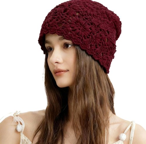 Hshsclth 100% Cotton Crochet Beanie Hat Handmade Knit Slouchy Floral Skull Hat Knitted Openwork Summer hat for Women (Dull Red)