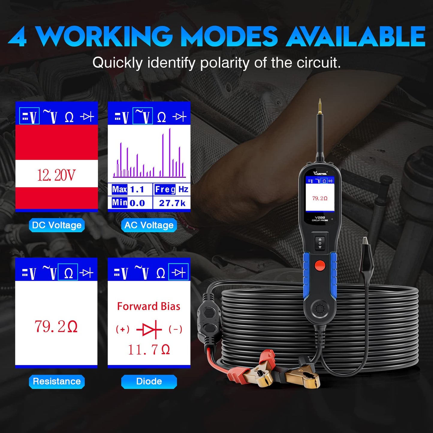 VDIAGTOOL V200 Automotive Circuit Tester, Electrical Power Circuit Probe Tester Kit, 12V 24V Short/Open Breaker Finder, Component AC DC Diode Resistance Relay Fuse Light Test, 20+20Ft