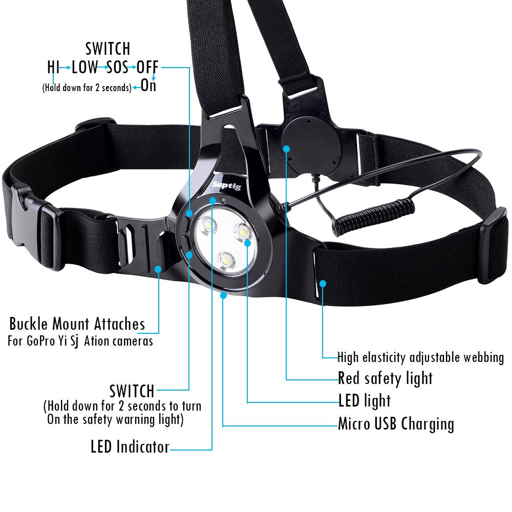 Suptig Running Lights for Runners, Chest Running Lights for Night Walking Cycling Jogging Connected for Gopro Hero13/12/11/10/9/8/7/6/5/4/4s/3, 2600mAh Built-in Rechargeable Battery Charging