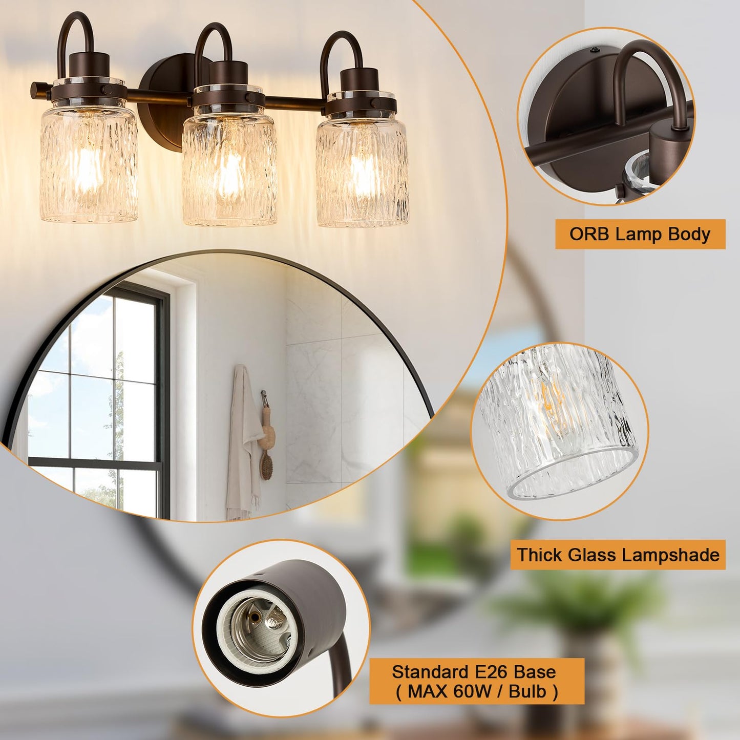 AMRUIPO 3 Lights Bathroom Vanity Light, Oil Rubbed Bronze Bathroom Light Fixtures with Hammered Glass Lampshade for Dressing Table,Over Mirror,Hallway