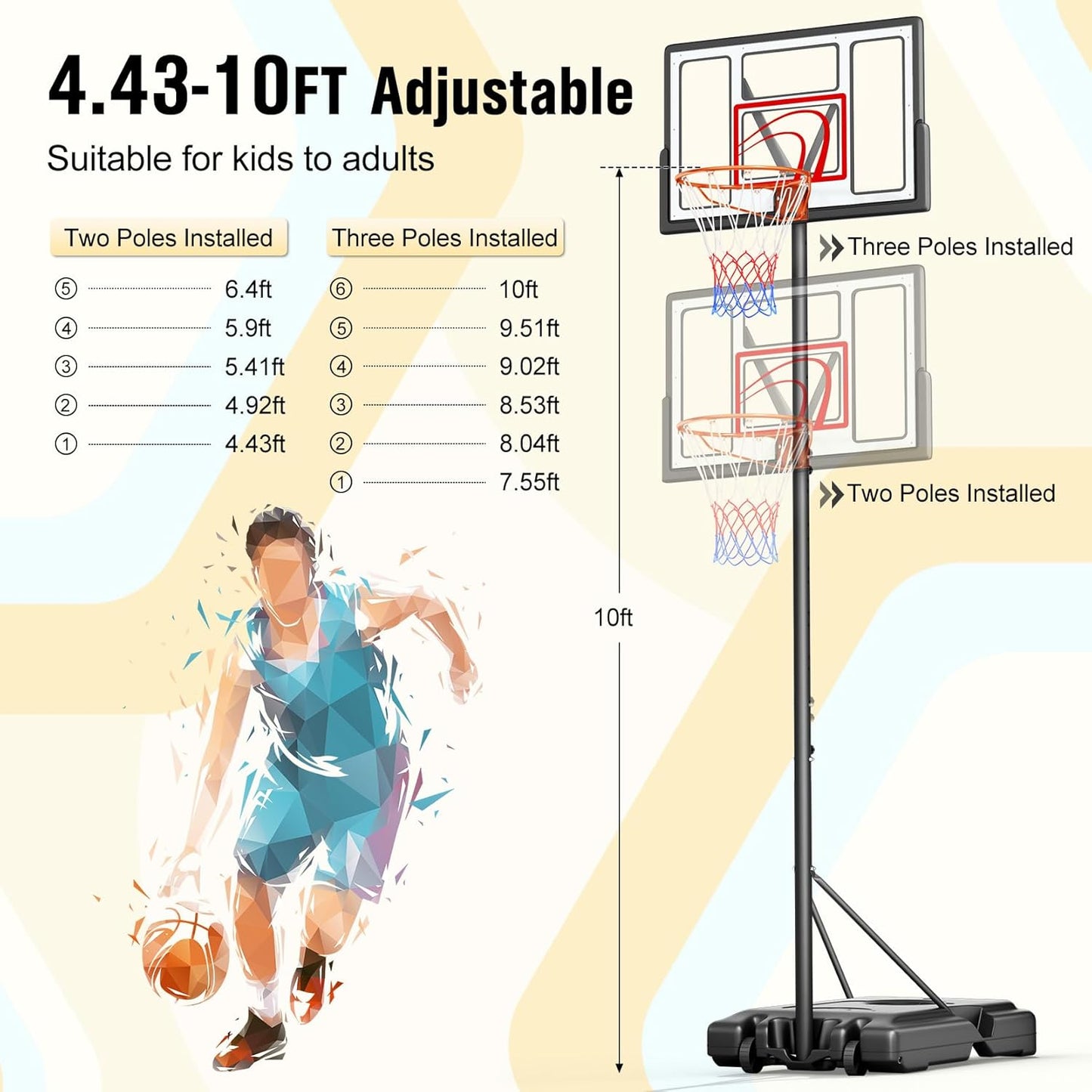 TONBUX Adjustable Basketball Hoop - 10FT Portable Goal with 44-Inch Backboard for Kids & Adults
