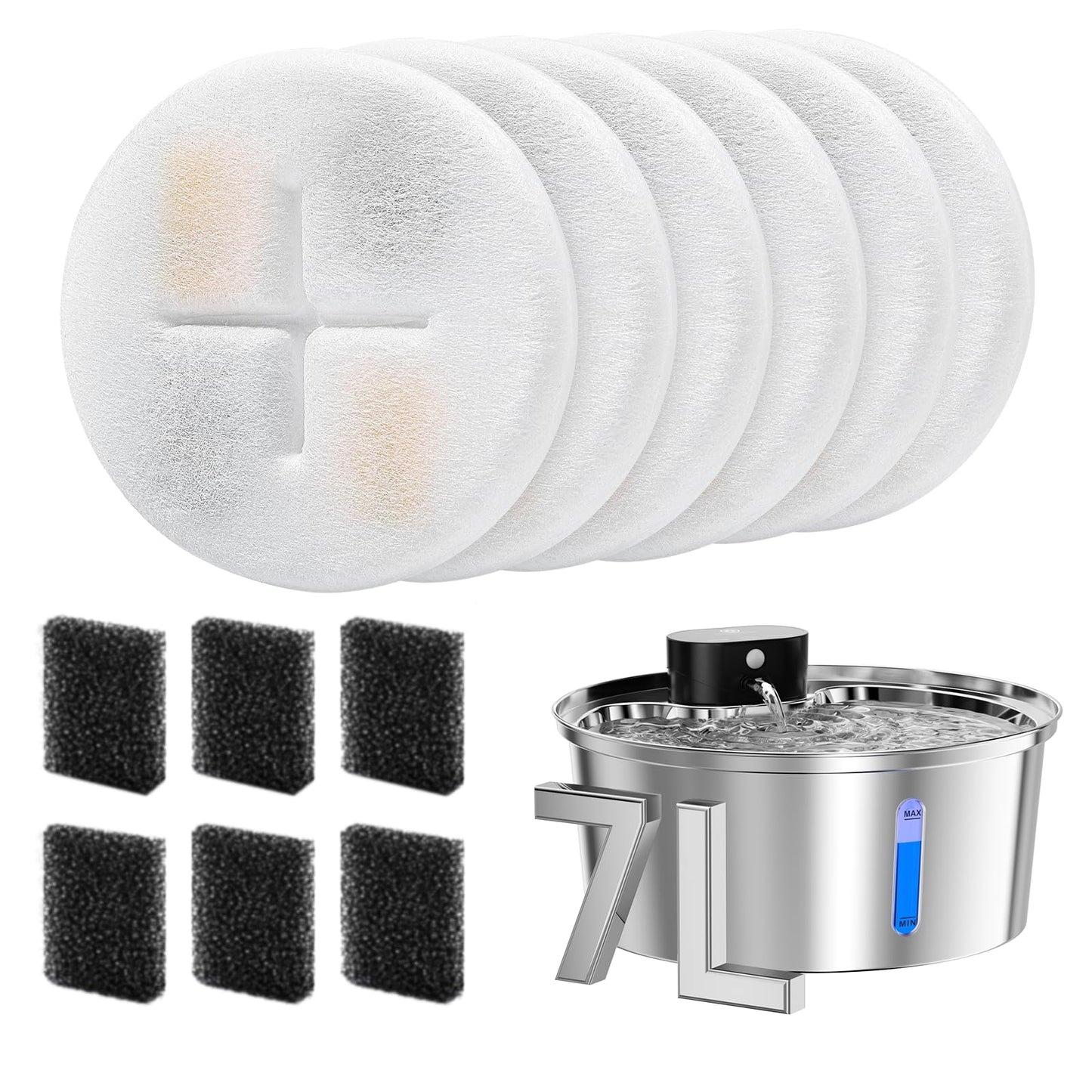 Aetherika Replacement Filters for 7L Pet Water Fountain, 6-Pack with 5-Layer Filtration & Sponge Filters, 3-Month Supply for Dog and Cat Water Dispensers, BPA-Free