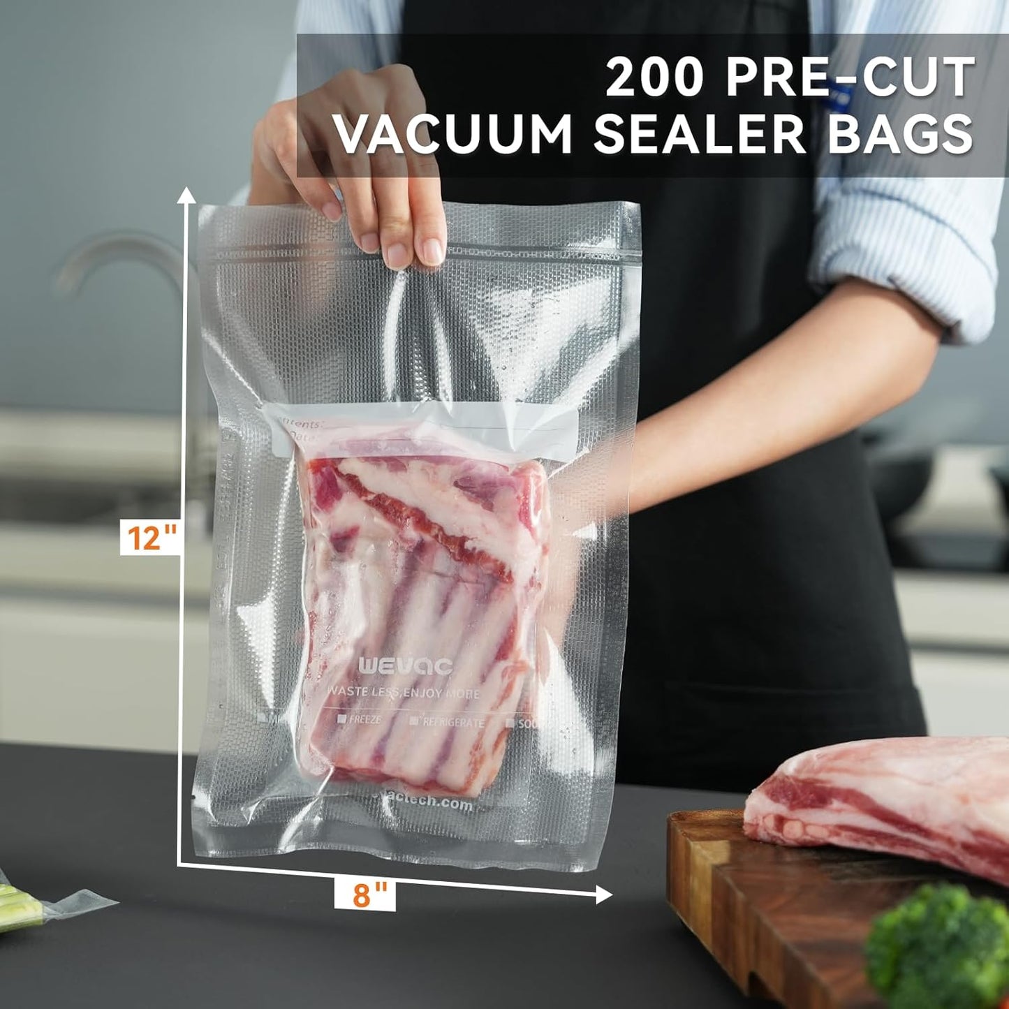 Wevac Vacuum Sealer Bags - 8" x 12" Heavy Duty Food Storage | 200 Count with Liquid Block & Bone Guard
