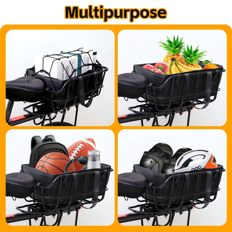Bike Basket Rear Rack Bike Basket with Cargo Net and Liner Large Bicycle Basket Heavy Duty Bicycle Rear Basket with Liner Waterproof Cover Cargo Net