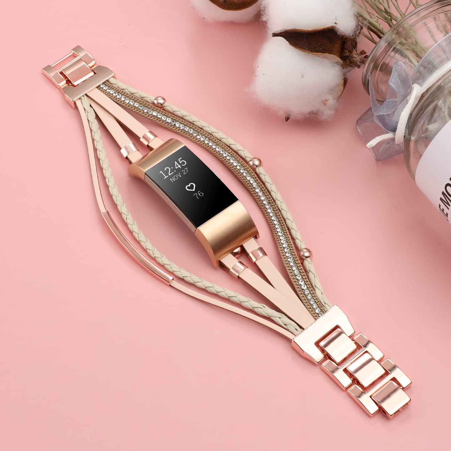 Posh Leather Band Compatible with Fitbit Charge 2 Bands, Boho Handmade Bracelet Multilayer Wrap Layered Wristbands Compatible for Women (Khaki with Rose Gold)