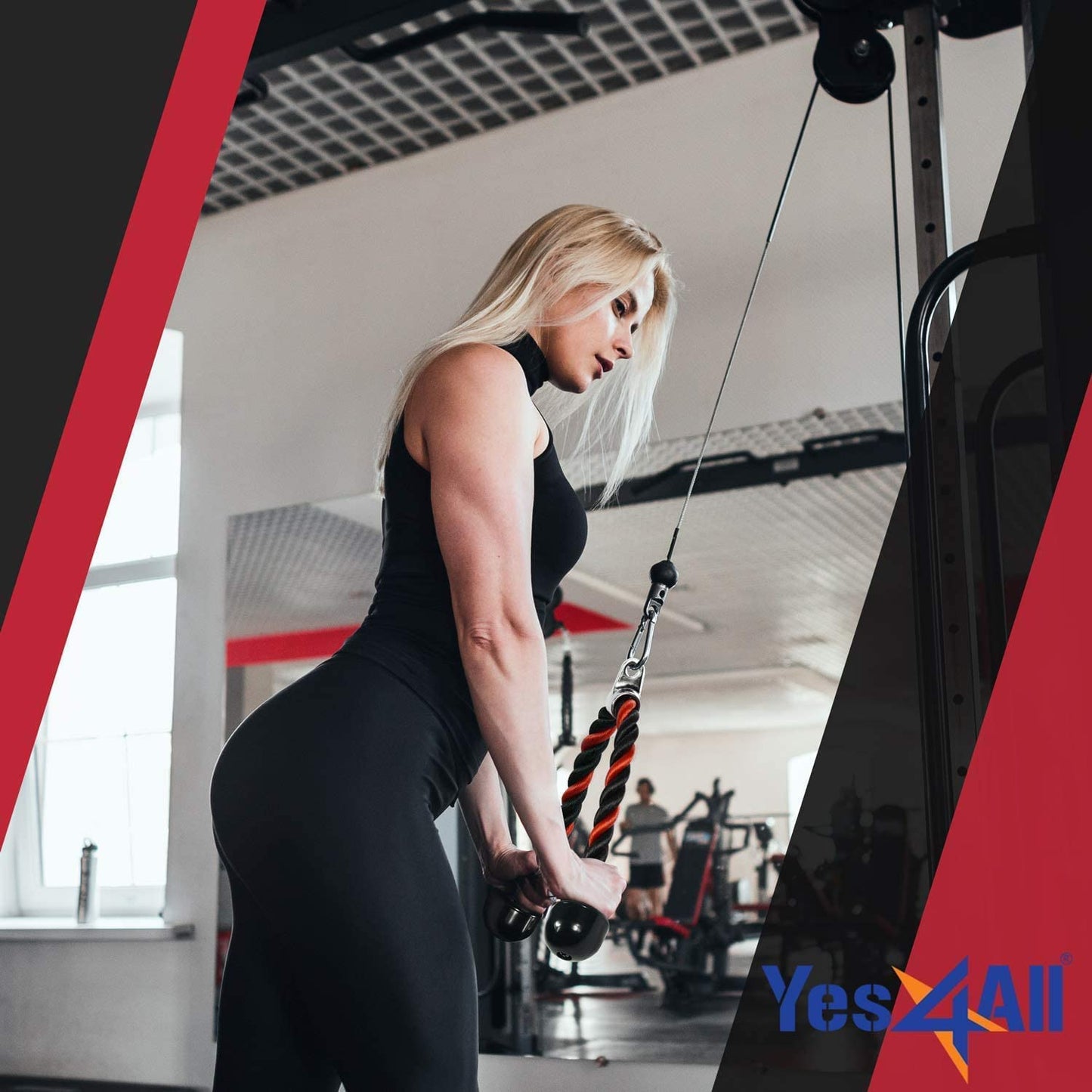 Yes4All Deluxe 27" Red & Black Tricep Rope with Carabiner, Exercise Machine Attachments, Pulley System Pull Down Rope, LAT Cable Attachment for Row Machine & Cable Machine