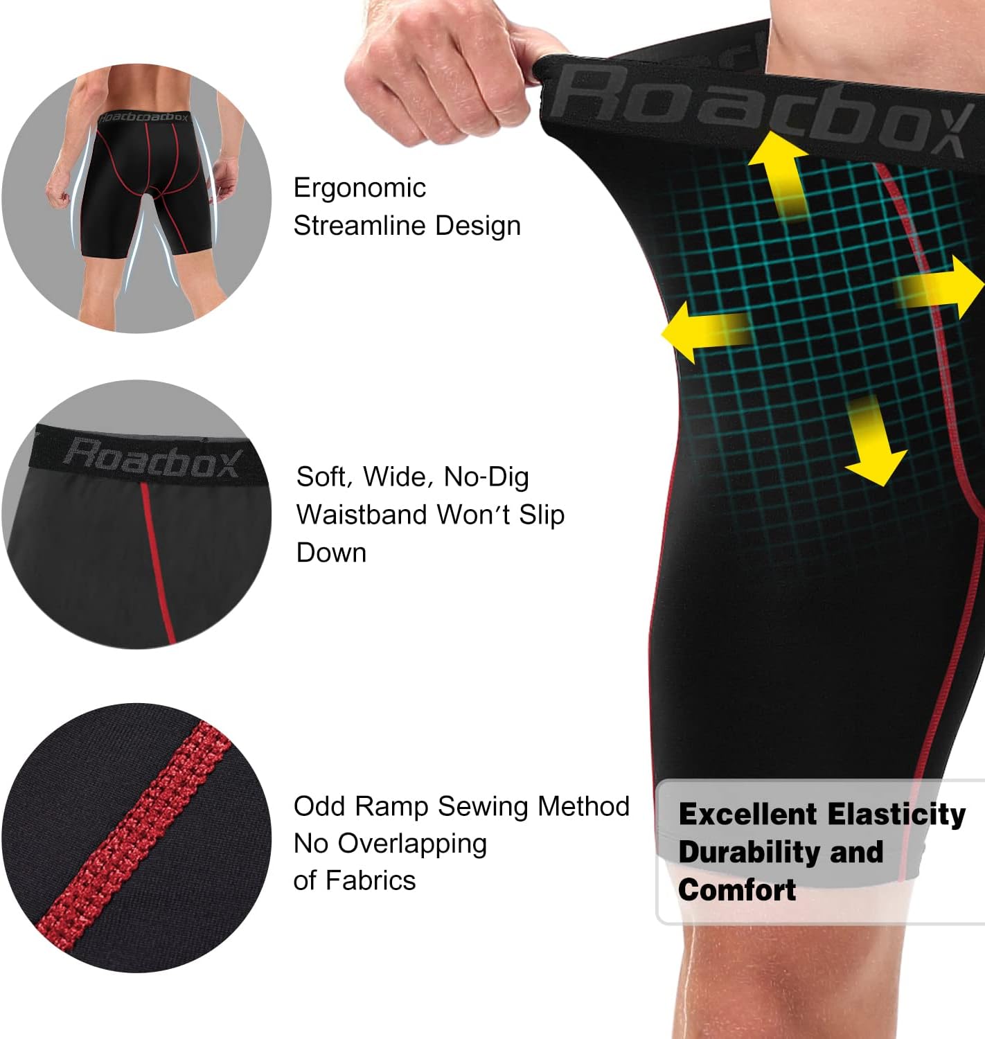 Roadbox Compression Shorts for Men - 3 Pack Athletic Workout Underwear | Spandex Base Layer Boxer Briefs