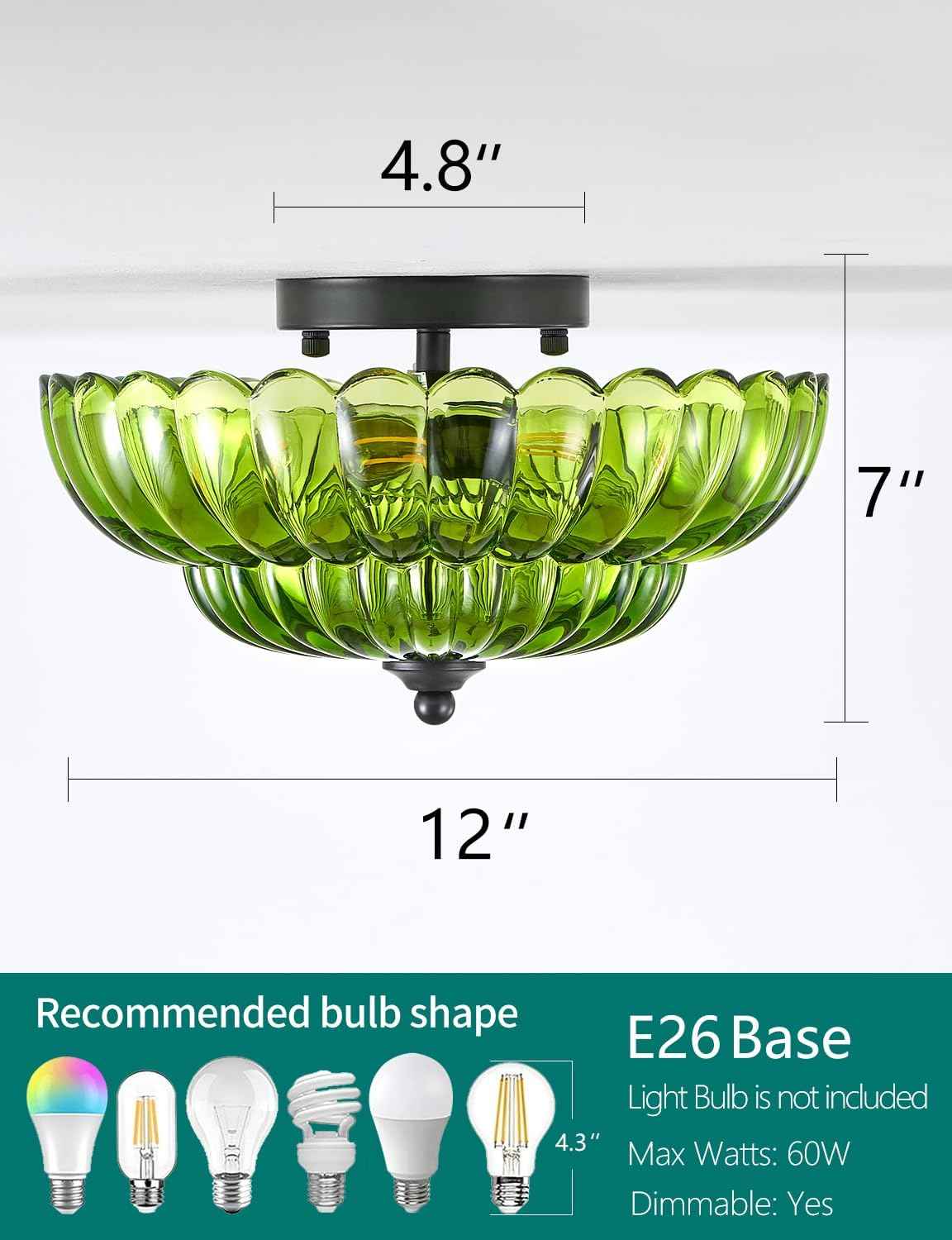 Modern 3-Bulb Semi Flush Mount Ceiling Light Fixture - Vintage Amber Glass for Bedroom, Kitchen, Living Room