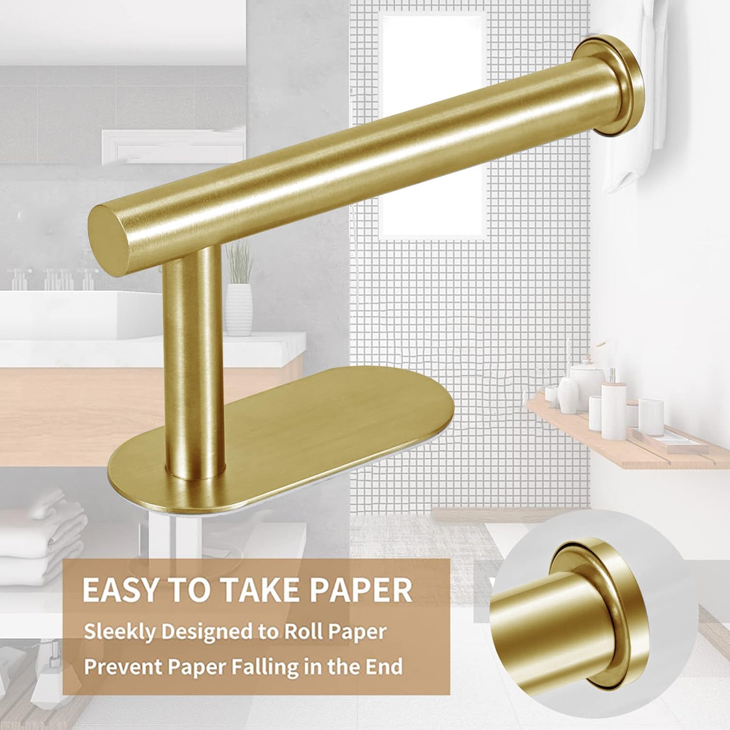 JOPOFI Toilet Paper Holder - Self Adhesive Toilet Paper Holder Wall Mount for Bathroom, SUS 304 Stainless Steel Command Strip Toilet Paper Roll Holder Stick On Wall, No Drilling - Brushed Gold
