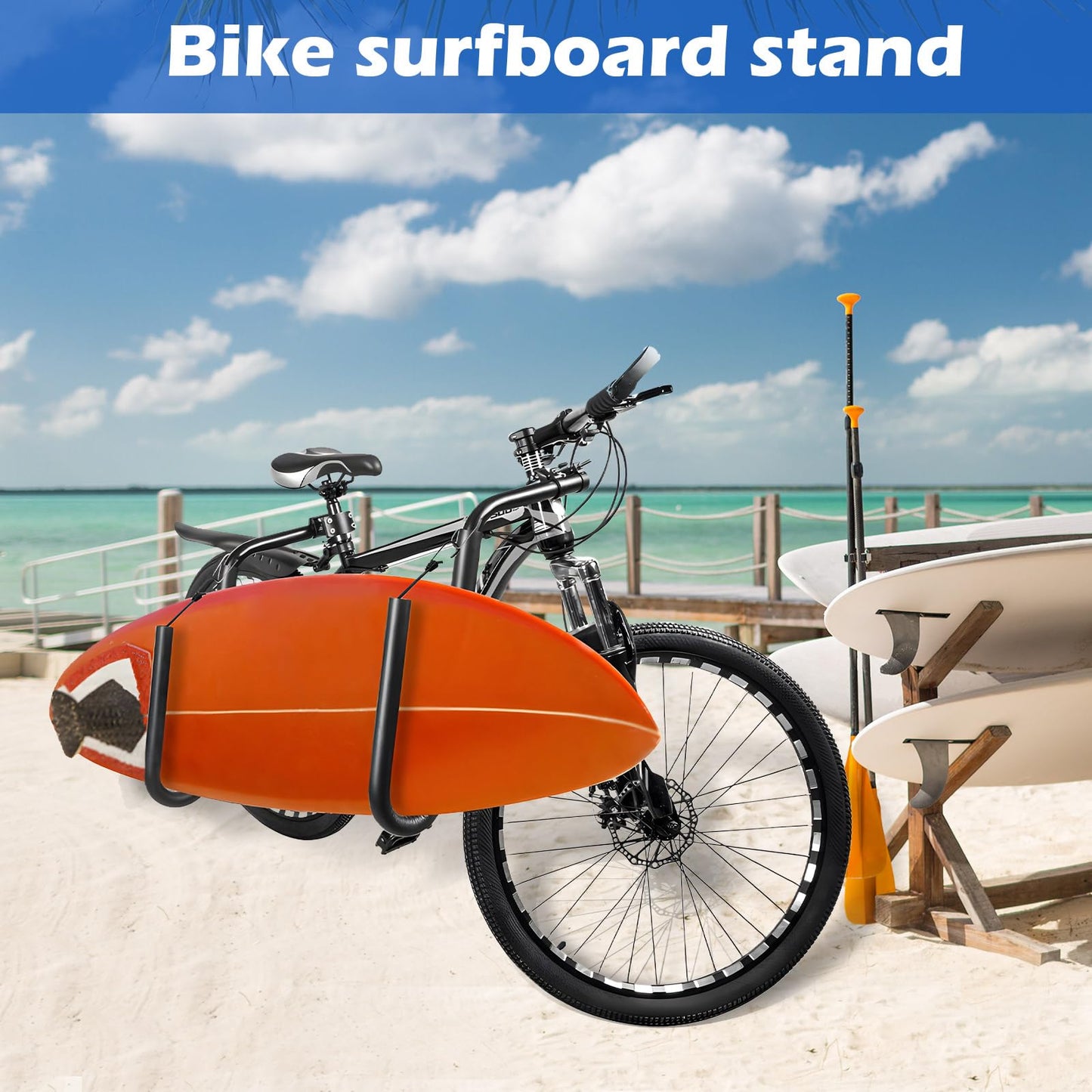 DTNESS Bicycle Surfboard Racks, Bike Surf Board Holder for Shortboards, Longboards, SUP Paddleboards, Skis, Windsurfing Boards, Outdoor Sports Surfing Wakeboard Carrier Mount for Bike