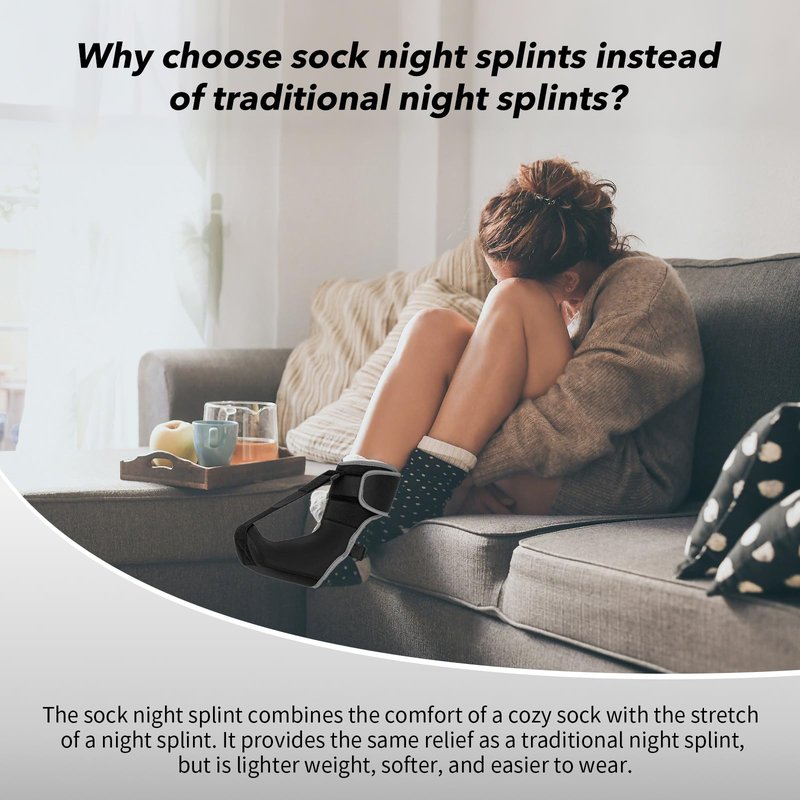 VOOOLO Plantar Fasciitis Night Splint Sock with Massage Ball for Tension Relief, Soft and Comfortable Foot Brace for Men and Women, Medium-Black