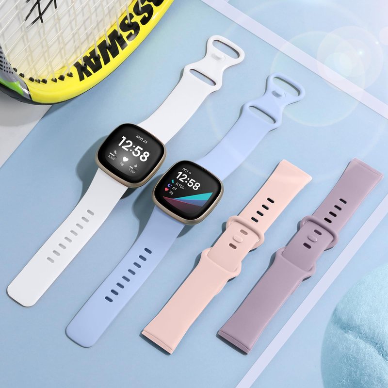 Getino Compatible with Fitbit Sense/Sense 2 Bands/Versa 3/ Versa 4 Bands Women Men, Silicone Sport Accessories, Band for Fitbit Sense/Sense 2/ Versa 4/ Versa 3, Small Lilac/Pink/Lavender/White
